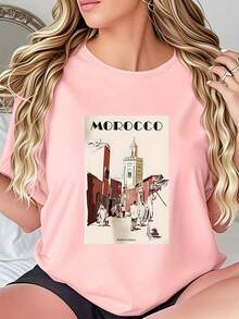 Limited Edition Women's T-Shirt With Moroccan Street Scene Print - Casual Breathable Crew Neck Design, Travel Inspired, Machine Washable, Comfortable Fit, Stylish Top, Medium Stretch Fabric, Modern Style, Comfortable Material, Printed Top, Excellent Gift Choice, Lightweight Cotton. - 白色 - 查看 10