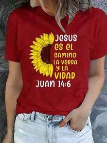 Limited Edition Minimalist Oversized Black T-Shirt With Bible Verse JOHN 14:6 And Sunflower, Christian Faith T-Shirt Jesus The Way, Spiritual Quote And Worship Blouse, Gift Tops For Sunday Service. New Summer Women's Shirt, Casual And Comfortable Crew Neck Top. Lightweight Cotton. - 紅色的 - 查看 12