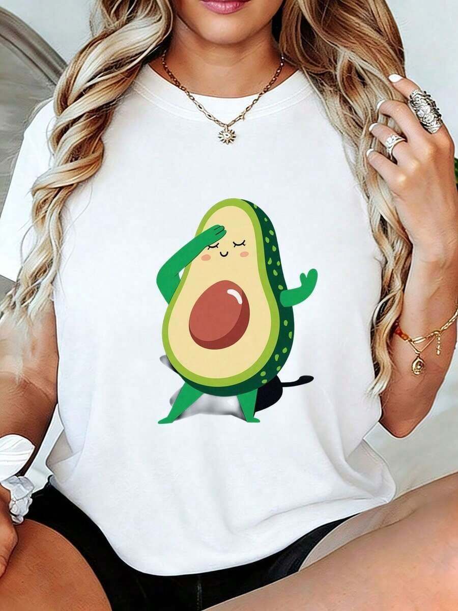 playeras de algodón mujer 1pscCamiseta de Mujer con Diseño Divertido de Aguacate Bailando - Camiseta de manga corta suave y transpirable con un divertido estampado de aguacate, cuello redondo informal, ideal para amantes de la comida, regalo para fiestas de cumpleaños, ropa para primavera, verano y otoño. 100%cotton ropa de mujer Daily home top - Blanco - Ver 1
