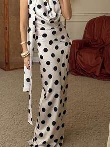 Conjunto de dos piezas verano mujer nueva llegada, escote V sin mangas + falda midi con estampado de lunares en varios colores, estilo euroamericano elegante y moderno. - Blanco - Ver 7