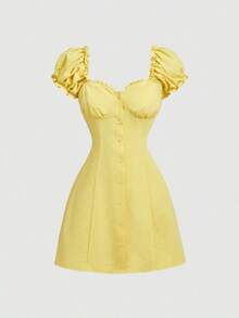 MOD Vestido camisa con botones de concha bordados en azul claro - Amarillo - Ver 2
