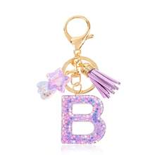 1 Pc Cute Purple Glitter Letter Keychain, Initial Resin Keyring With Tassel & Star Charm, Fashion Aesthetic Purse & Car Key Accessory - Purple - View 7
