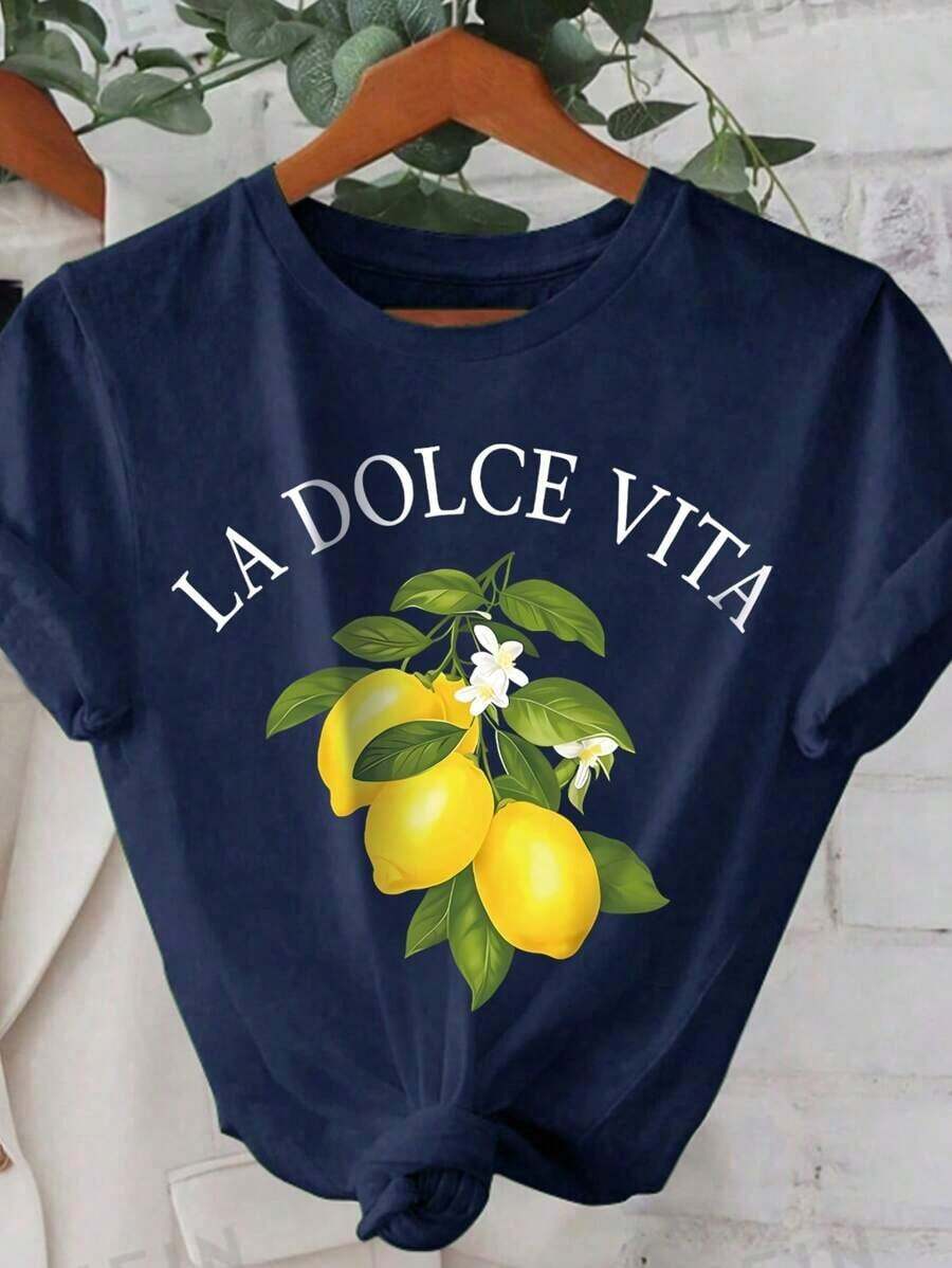 Camiseta casual de mujer de cuello redondo y manga corta con estampado de letras y limones - Azul marino - Ver 1