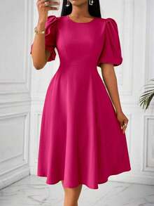 Vestido verde de manga abullonada larga, cuello en V, cintura recogida y bajo acampanado, para primavera y verano - Rosa Fucsia - Ver 1