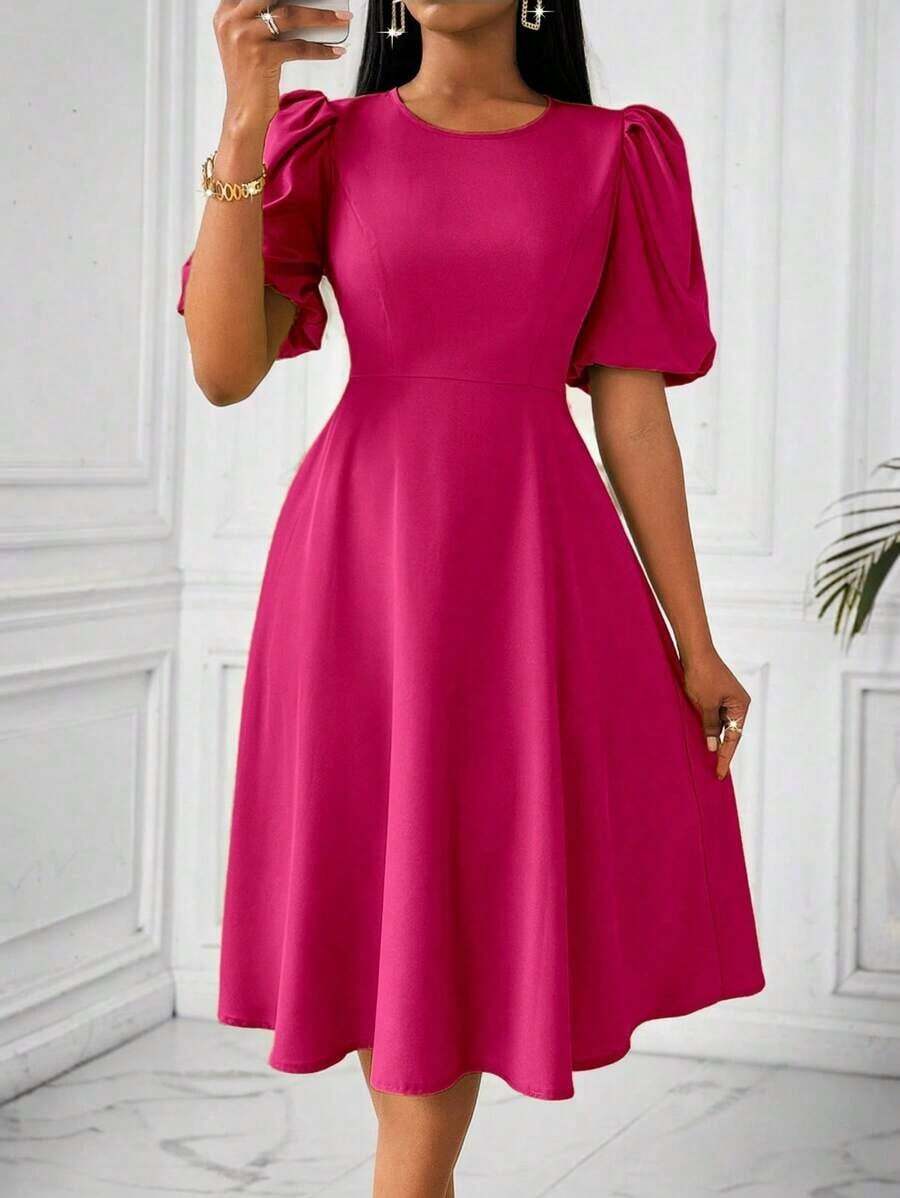 Vestido verde de manga abullonada larga, cuello en V, cintura recogida y bajo acampanado, para primavera y verano - Rosa Fucsia - Ver 1