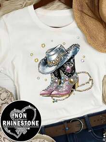 Women's Modern, Casual T-Shirt, Perfect For Parties And Lounging At Home, 100% Cotton, Loose Fit. 1 Pc.  Women's Summer Crew Neck T-Shirt With Western Style Shoe Print, 100% Cotton - 白色的 - 查看 1