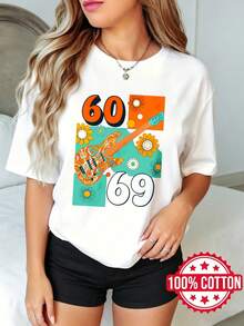 Camiseta de manga corta con cuello redondo y estampado, para dama, verano, estilo casual Sesenta Sesenta Nueve Guitarra Flores S-3XL 100% aodón material - Blanco - Ver 2