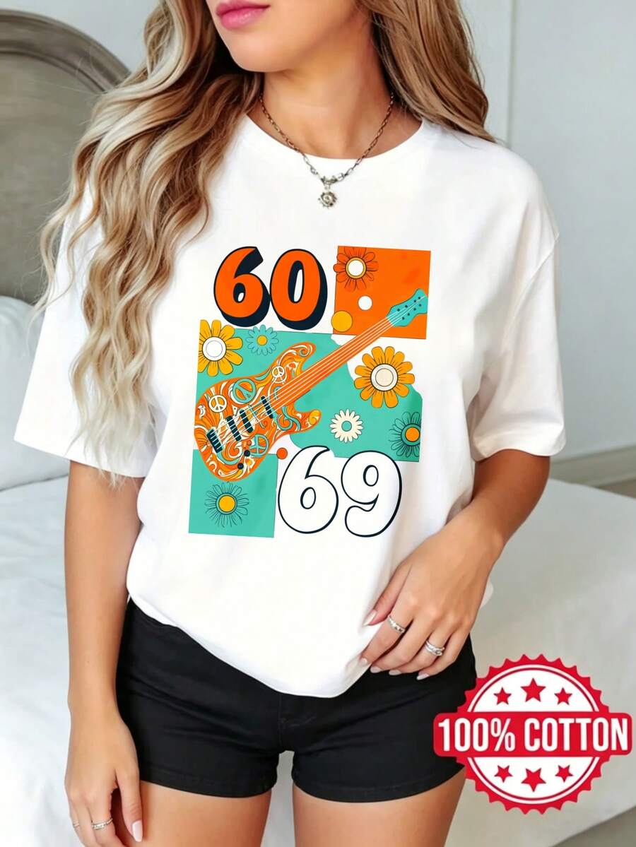 Camiseta de manga corta con cuello redondo y estampado, para dama, verano, estilo casual Sesenta Sesenta Nueve Guitarra Flores S-3XL 100% aodón material