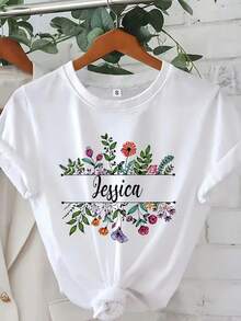 Women's Modern, Casual T-Shirt, Perfect For Parties And Lounging At Home. 100% Cotton, Loose Fit. Custom Watercolor Floral T-Shirt, Personalized With Names, Wildflower Design, Ideal For Birthdays, Gifts For Mothers, Teachers, And Friends. 100% Cotton - 白色 - 查看 7