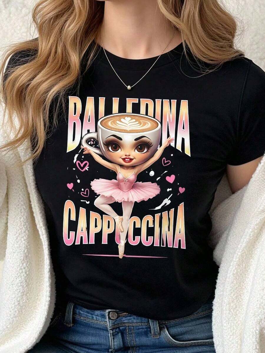 Women's Basic Short-Sleeve Capybara Print T-Shirt, Casual And Fashionable, Capybara Print T-Shirt, Cute Graphic T-Shirts For Women, Kawaii T-Shirt, Cute T-Shirt, Loose Top, Casual And Versatile, Y2k T-Shirt, T-Shirt. - 黑色 - 查看 1