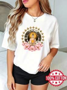 Women's Summer Short-Sleeved, Round-Neck Printed T-Shirt With Buddha Lotus Chakra Mandala Design, Sizes S-3XL, 100% Cotton, Breathable Material - 白色 - 查看 1