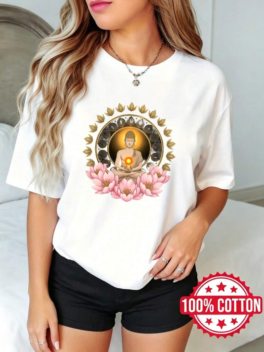 Women's Summer Short-Sleeved, Round-Neck Printed T-Shirt With Buddha Lotus Chakra Mandala Design, Sizes S-3XL, 100% Cotton, Breathable Material - 白色 - 查看 1