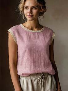Camiseta de manga corta de mezcla de lino vintage para mujer, cuello redondo con encaje, corte holgado, transpirable, color blanco de verano. - Polvos de niña - Ver 6