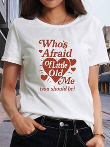 Classic Short-Sleeved T-Shirt With "Who's Afraid Of Me?" Print, Round Neck, Women's Clothing, Casual Short Sleeve, Summer Clothing For Women, Essential For Autumn And Winter, Office Wear, Travel Wear, Hit Of . - 白色 - 查看 3