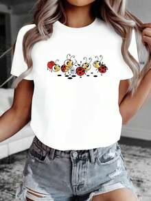 Women's T-Shirt With Cartoon Ladybug Graphic Print, Casual Short-Sleeved Crew Neck T-Shirt For Summer And Spring, Women's Clothing - 白色 - 查看 1
