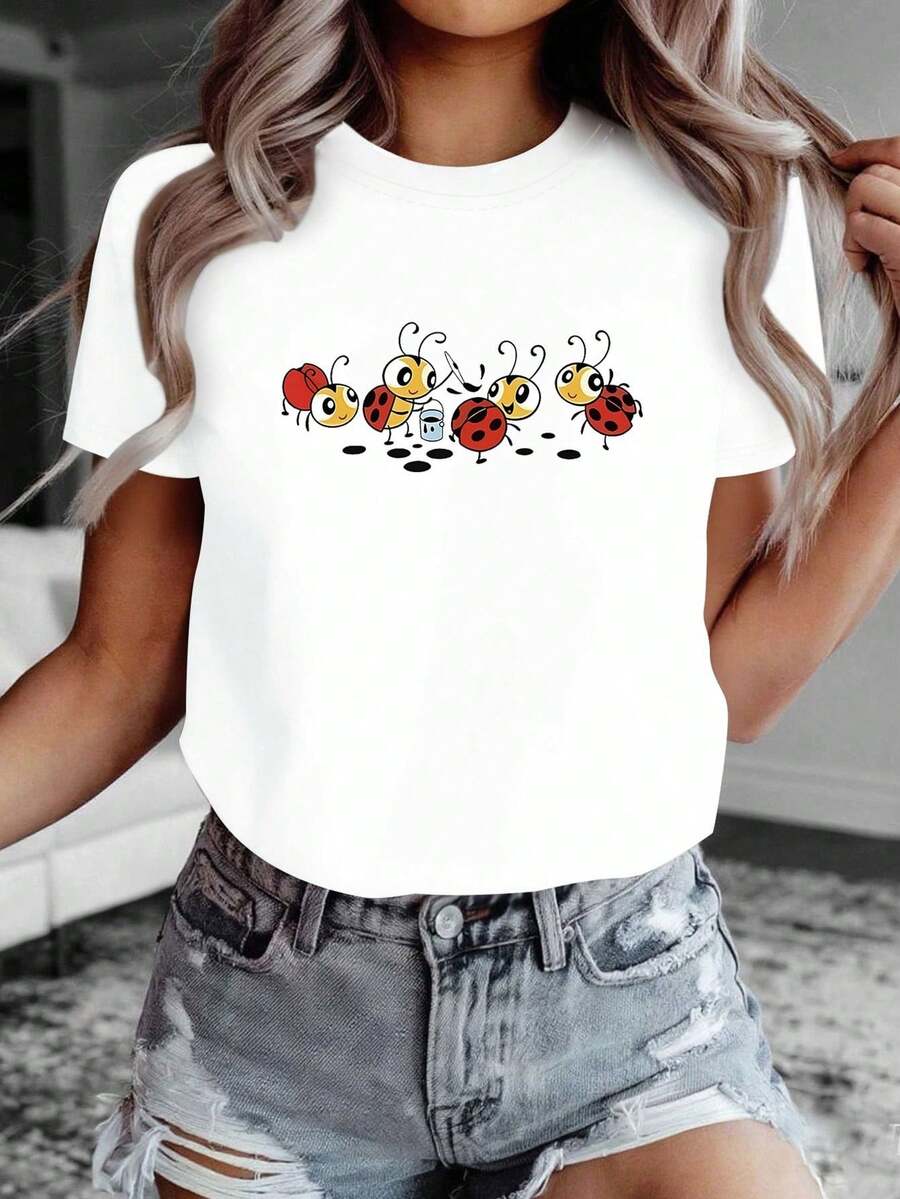 Women's T-Shirt With Cartoon Ladybug Graphic Print, Casual Short-Sleeved Crew Neck T-Shirt For Summer And Spring, Women's Clothing - 白色 - 查看 1
