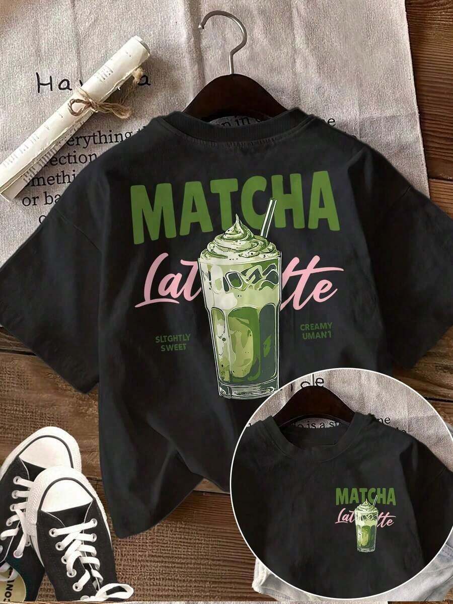 Women's Casual Short-Sleeve Top [Front And Back Images] Women's Spring/Summer Casual Top Cool Style Matcha Latte Straw Print MATCHA Latte Round Neck Short-Sleeve T-Shirt With Light Print Cotton Soft Fabric Breathable And Cool Short-Sleeve Blouses For Women 100% Cotton - 黑色 - 查看 1