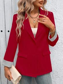 Clasi Chaqueta ligera de estilo casual de negocios para mujer, con cuello de solapa, apta para el lugar de trabajo, de unicolor, para primavera/otoño - Rojo - Ver 6