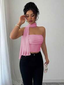 Top de camisola plisado con decoración de bufanda de malla elegante para mujeres - Rosa 2 - Ver 3