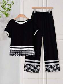 Set de 2 piezas de top de cuello redondo holgado y pantalones de pierna ancha para mujer, conjunto versátil casual para primavera/otoño, conjunto de pantalones y top casual para vacaciones - Blanco y Negro - Ver 1
