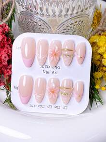 10pcs Handmade Wearable Nails, Short Almond-Shaped Fake Nails, Nude French Manicure, Delicate Fairy-Like Nails, Hand-Painted Pink Edges French Tips, Lace Texture, 3D Pink Flowers, Rhinestone Gold Rings Decor, Translucent Jelly Effect, Versatile For Any Occasion, Includes Manicure Tools, Easy To Apply And Remove, Suitable For Women And Girls - Baby Pink - View 3