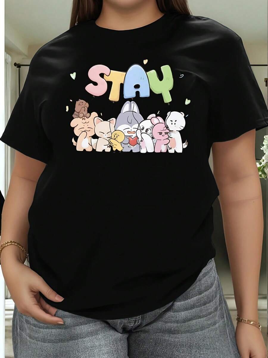 Camiseta de Talla Grande, Merchandising del Grupo SKZ Wo - Camiseta Casual de Manga Corta con Cuello Redondo y Estampado Icónico, Ropa para Fans Lavable a Máquina, Adecuada para Todas las Temporadas y Atuendos Casuales - Negro - Ver 1