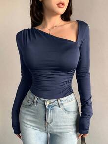 Blusa casual de manga larga con cuello asimétrico y unicolor, para uso diario - Azul marino - Ver 1