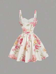 Vestido midi acampanado con cintura fruncida y estampado de flores, con decoración de lazo.Ideal para rave, estilo bohemio, conciertos, graduación, romántico, verano, elegante, vacaciones, fiestas, fluido, invitada de boda, té, modesto, baile d - Multicolor 2 - Ver 2
