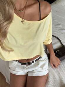 Camiseta de mujer de punto a rayas de estilo minimalista y casual, de un hombro, con efecto dopamina, adecuada para el uso diario, citas, reuniones, otoño/invierno/verano, Navidad, Año Nuevo, Acción de Gracias, fiestas, bodas, playa, ceremonias de graduación, moda, elegante, casual, salidas, citas, reservas, viajes, brillante, Día de San Valentín, vacaciones, Y2K y otras ocasiones. - Amarillo 4 - Ver 4