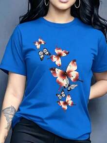 Suave |   1 Playera para Mujer 100% Algodón Transpirable | Camiseta de mujer con estampado de mariposa azul y rosa - Blusa de manga corta con cuello redondo, tela cómoda de estiramiento medio, top casual lavable a máquina para usar, opaca y no transparente para atuendos diarios, ropa de invierno para mujeres, ideal para el verano pattern pattern - Azul - Ver 7