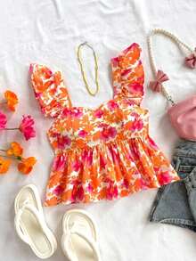Blusa de corte de línea A con cuello cuadrado, manga corta y estampado retro azul y blanco, adecuada para fiestas, citas, el Día de San Valentín, el té de la tarde - Naranja - Ver 1