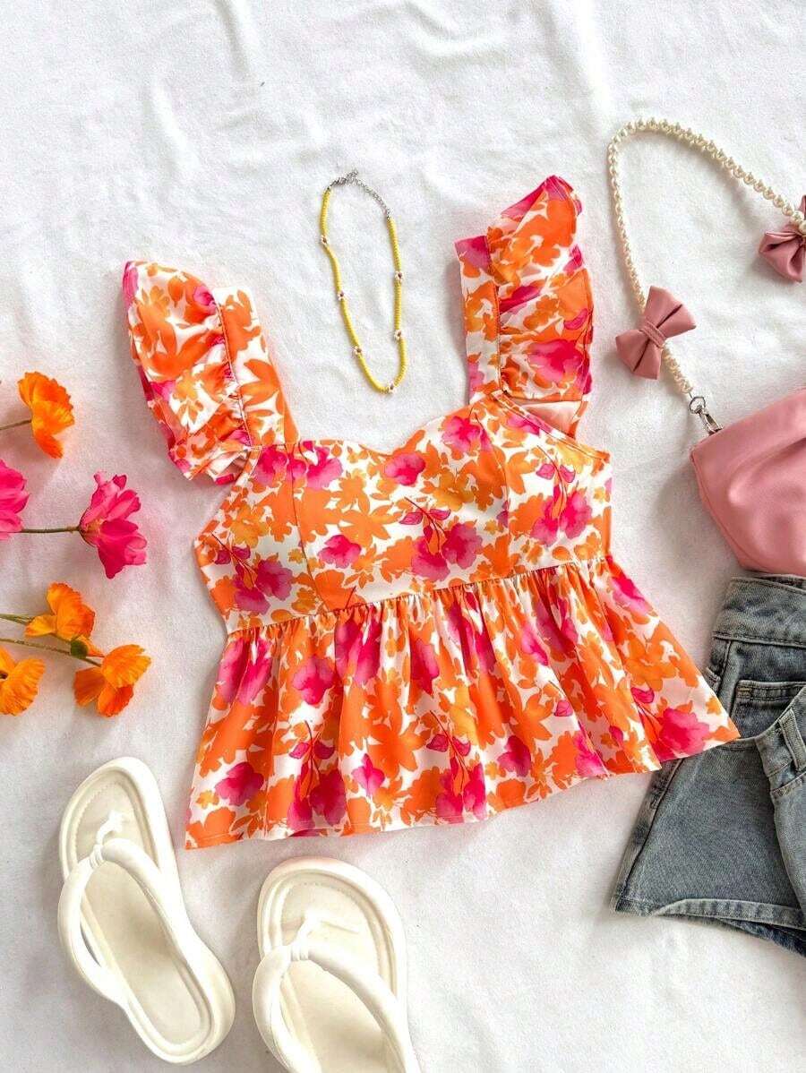 Blusa de corte de línea A con cuello cuadrado, manga corta y estampado retro azul y blanco, adecuada para fiestas, citas, el Día de San Valentín, el té de la tarde - Naranja - Ver 1