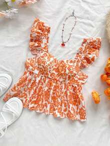 Blusa de corte de línea A con cuello cuadrado, manga corta y estampado retro azul y blanco, adecuada para fiestas, citas, el Día de San Valentín, el té de la tarde - Naranja 2 - Ver 6
