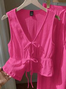 Conjunto informal de chaleco y pantalones con cordones en marrón para mujer - Rosa Fucsia - Ver 3