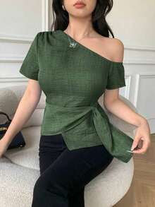 Blusa casual elegante de hombros con nudo, de corte slim para mujeres - Verde - Ver 5