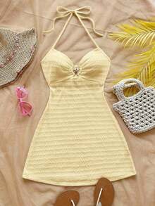 Vestido mini con textura, escote en V, decoración de estrella de mar metálica, cuello con lazo, espalda descubierta, ideal para vacaciones, citas, té de la tarde, días festivos, festivales de música, estilo bohemio - Amarillo - Ver 4