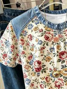 Camiseta casual de mujer con estampado floral y parches, para verano - Blanco 3 - Ver 3