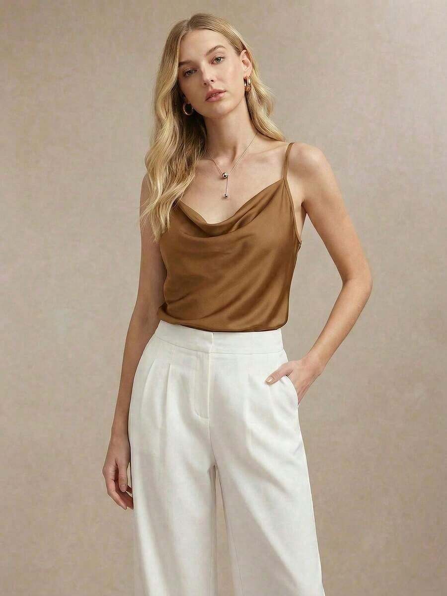 Top de satén sin mangas para mujer, elegante y romántica de unicolor, para uso casual y de negocios, adecuada para oficina, diario, otoño - Amarillo - Ver 1