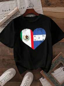 Fashion Printed T‑Shirts for Women, Oversized Streetwear Tops, Comfortable and Stylish All‑Match Summer TeesCamiseta de mujer de corte holgado, opciones de color negro y blanco, camiseta gráfica con estampado de corazón de la bandera deéxico y Honduras, s casuales de verano para mujeres, camisetas gráficas, atuendos de verano para mujeres, camisetas gráficas, s cortos para mujeres, s para mujeres, ropa vintage de algodón linda, atuendo de Navidad para mujeres, vestidos elegantes para mujeres, ropa de invierno para mujeres, s para mujeres, atuendo de Navidad para mujeres, blusa, camisas para mujeres - Negro - Ver 2