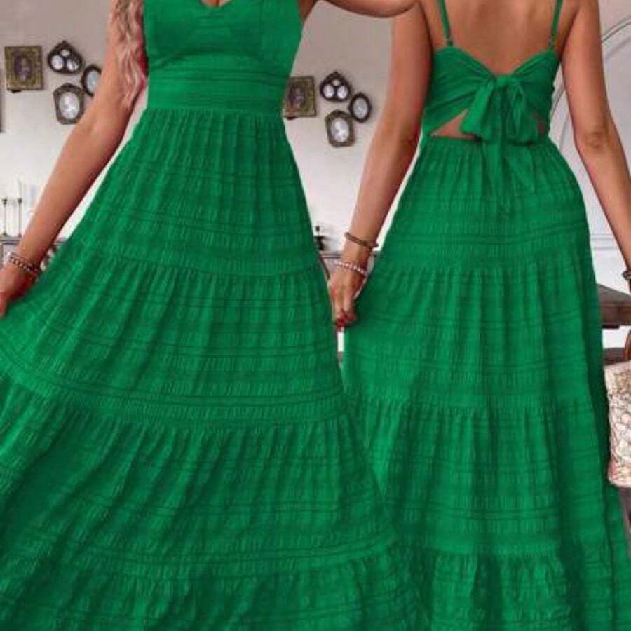 Holidaya Vintage Countryside Birthday Wedding Guest Cute Bow Tie Layered Patchwork Dress For Women - Verde Oscuro - Ver 1