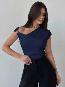 Camiseta blanca ajustada con hombro asimétrico, cintura fruncida, para mujer.Atuendo modesto y elegante para uso diario, playa, aeropuerto, vacaciones, trabajo como maestra. - Azul marino 2 - Ver 7