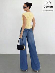 Blusa de mujer con cuello en V a rayas, plisada y con bajo asimétrico - Amarillo - Ver 2