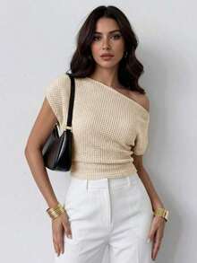 Camiseta de mujer con cuello asimétrico texturizado y mangas tipo murciélago, blusa de tela perforada, adecuada para primavera y verano, para ir al trabajo, elegante, casual, diaria, ocasiones de trabajo.Blusa de mujer de color amarillo claro.Ca - Albaricoque 2 - Ver 1