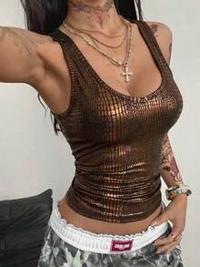 Camiseta de punto de verano con cuello en V gris, cómoda y elegante, con encaje de contraste, para salir y vacaciones - Marrón 2 - Ver 4