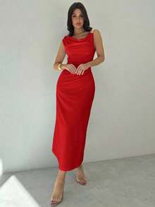 Vestido de mujer de cuello asimétrico blanco con volantes en la cintura, vestido elegante y sexy para ir al trabajo, de vacaciones, de moda y moderno, para primavera/verano, para ir al trabajo, elegante, sexy, de vacaciones, playa, Hawái, temporad - Rojo - Ver 5