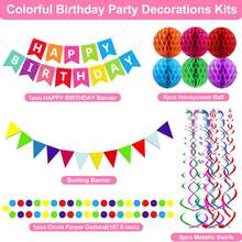 1pc Happy Birthday Banner With Colorful Paper Flag Bunting Paper Circle Confetti Garland Swirl Streamers Honeycomb Ball For Birthday Party Decorations - Colorful Honeycomb Banner Set - View 7