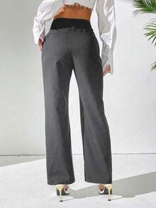 PETITE Pantalones rectos de uso casual diario de unicolor para damas - Gris Oscuro - Ver 2