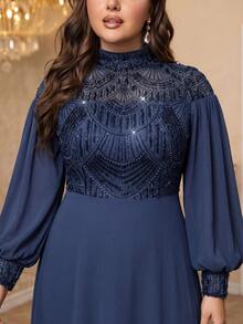 Đầm dạ hội nữ SUPGIR cổ đứng tay phồng đính sequin và vải chiffon. - Màu xanh hải quân - Xem 2