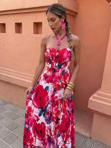 Vestido con estampado de lunares, plisado y recogido en la cintura, sin tirantes - Rojo - Ver 3