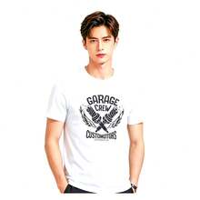 Camiseta con estampado GARAGE CREW de estilo urbano europeo y americano, de corte holgado para hombre, de algodón puro, cuello redondo y manga corta, versátil para estudiantes. - Blanco - Ver 1